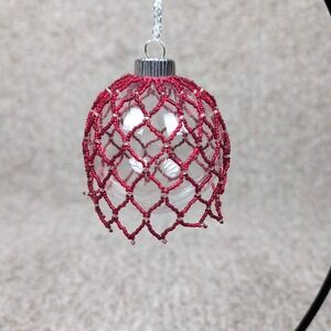 Handmade Red Beaded Clear Plastic Christmas Ornament Festive Holiday Decor‎